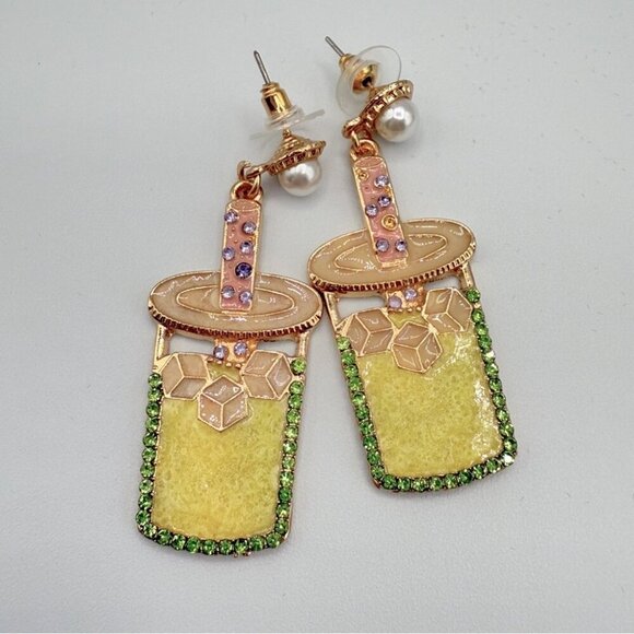 Fun Summer Rhinestone Earrings Vacation Drink Sparkly Dangle Earrings - Picture 1 of 6